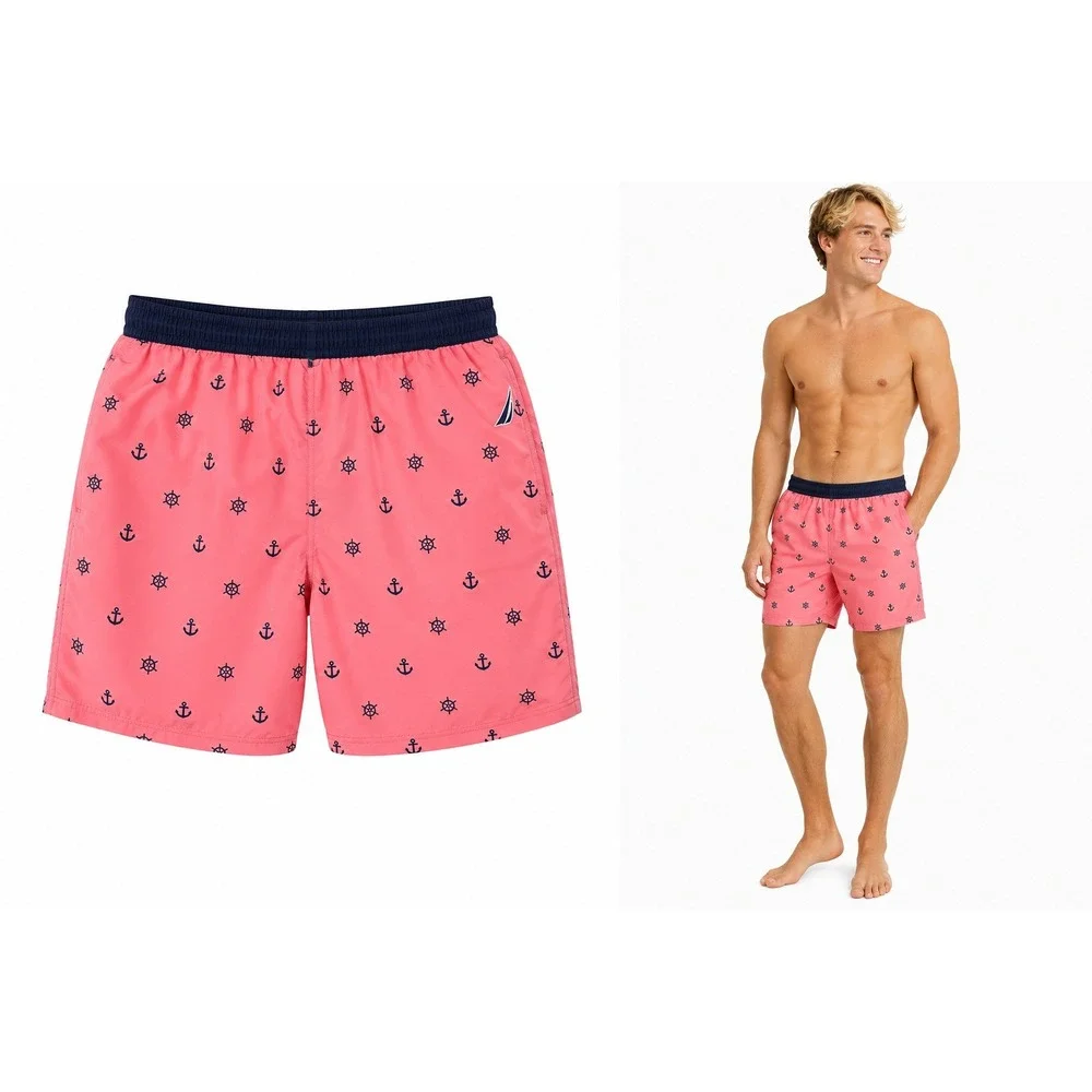 Nautica Men S Pink Nautical Swim Trunks Boat Wheel Anchor Elastic Waist Shorts‎
